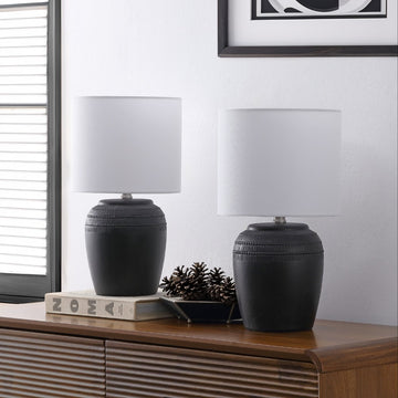 Hugo 16.75" Traditional Rustic Reeded Ceramic Vase LED Table Lamp, Set of 2